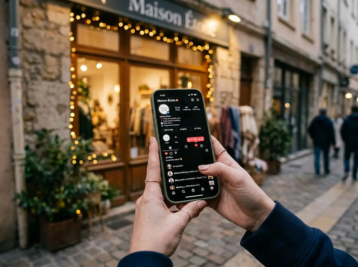 Smartphone affichant les notifications de réseaux sociaux connecté à un commerce local