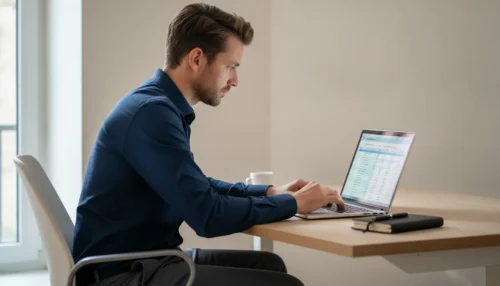 Entrepreneur concentré devant son ordinateur portable en train de calculer ses cotisations de micro-entreprise