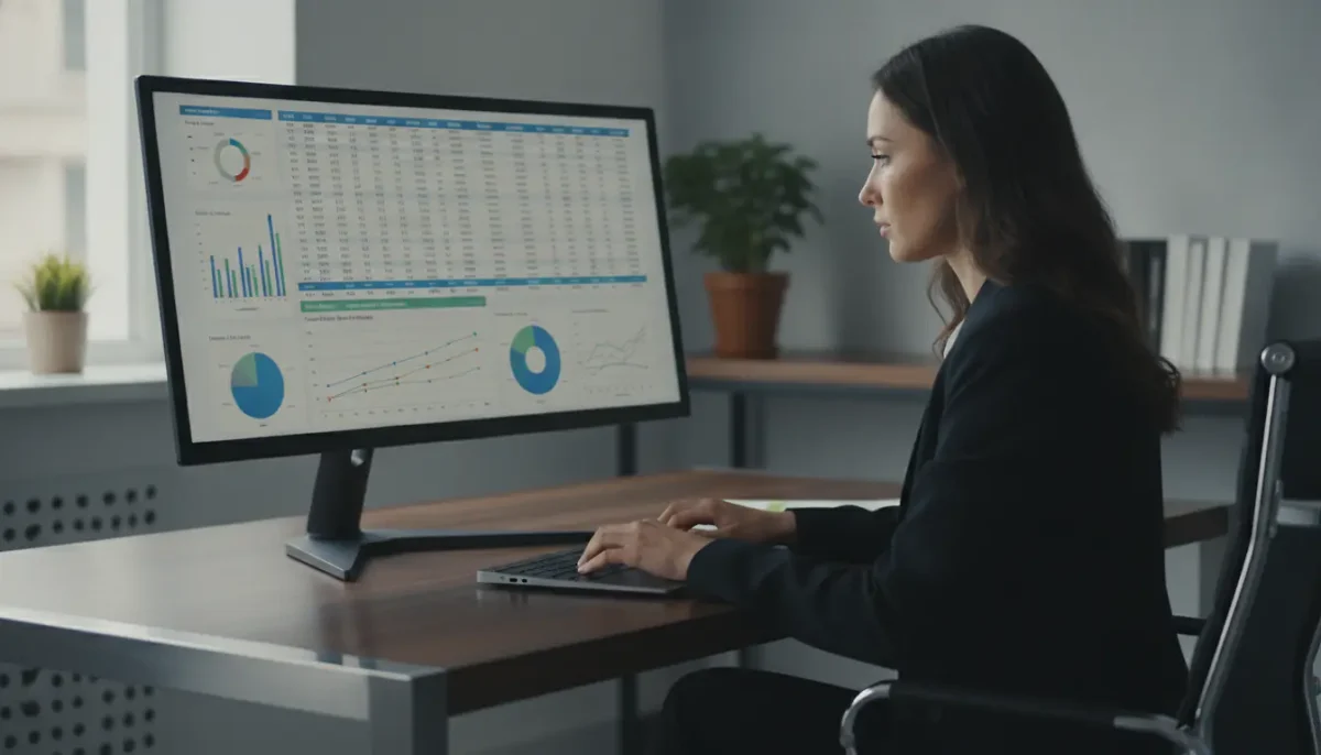 Entrepreneur analysant ses marges commerciales sur ordinateur portable avec tableur financier, bureau professionnel moderne