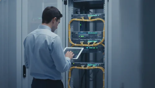 Consultant en informatique analysant l'infrastructure réseau d'une PME