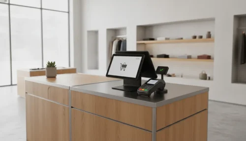 Caisse enregistreuse avec TPE intégré sur un comptoir de commerce