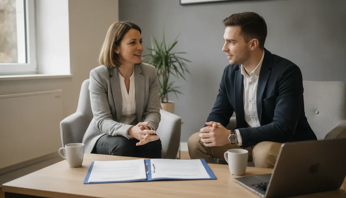 Dirigeante de PME en entretien avec un futur collaborateur autour d'un contrat de travail