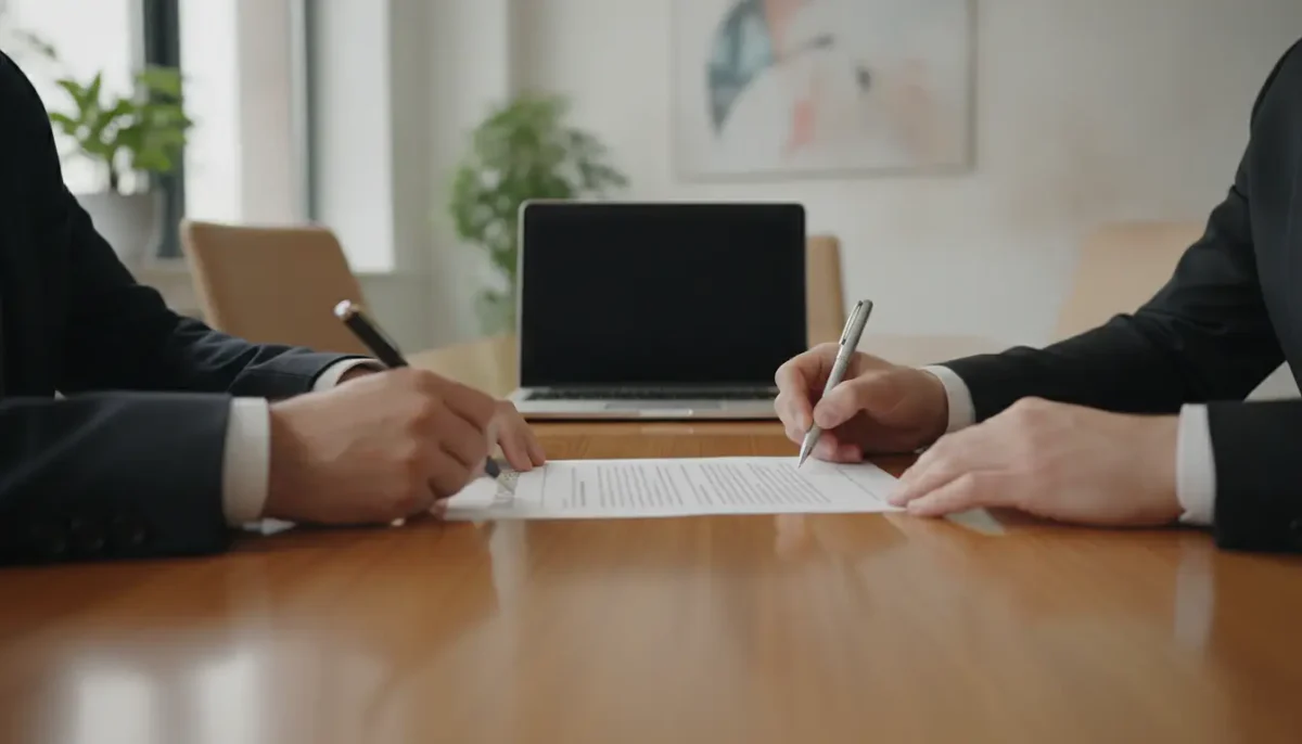 Deux professionnels signant un contrat de prestation de service dans un bureau moderne