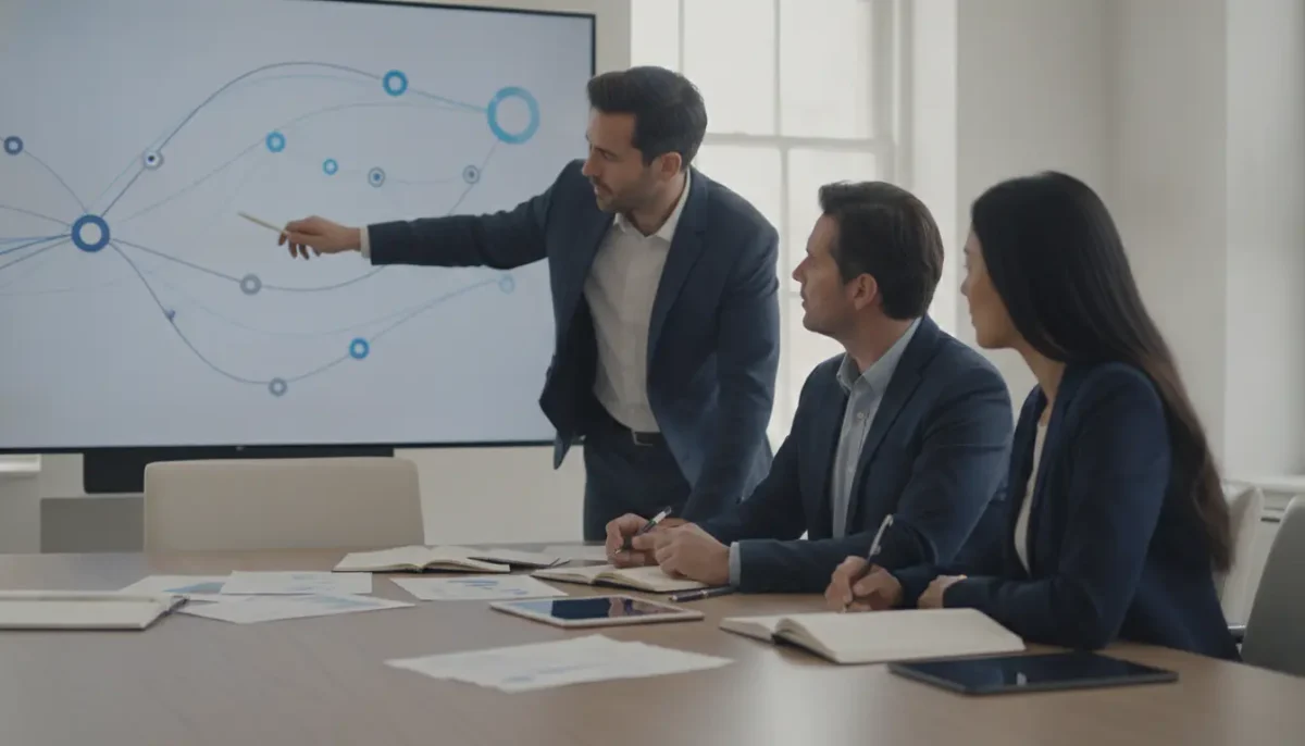 Équipe en réunion de stratégie marketing digitale devant un écran affichant des indicateurs de performance
