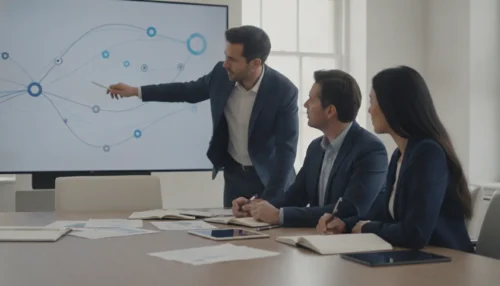 Équipe en réunion de stratégie marketing digitale devant un écran affichant des indicateurs de performance