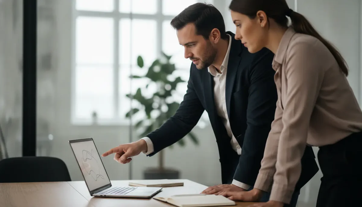 Equipe de PME consultant un tableau de bord logiciel de gestion sur ordinateur portable